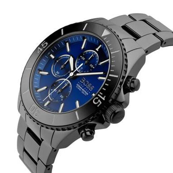 Side view of Hugo Boss Ocean Ceramic men's watch with blue dial and black metal strap