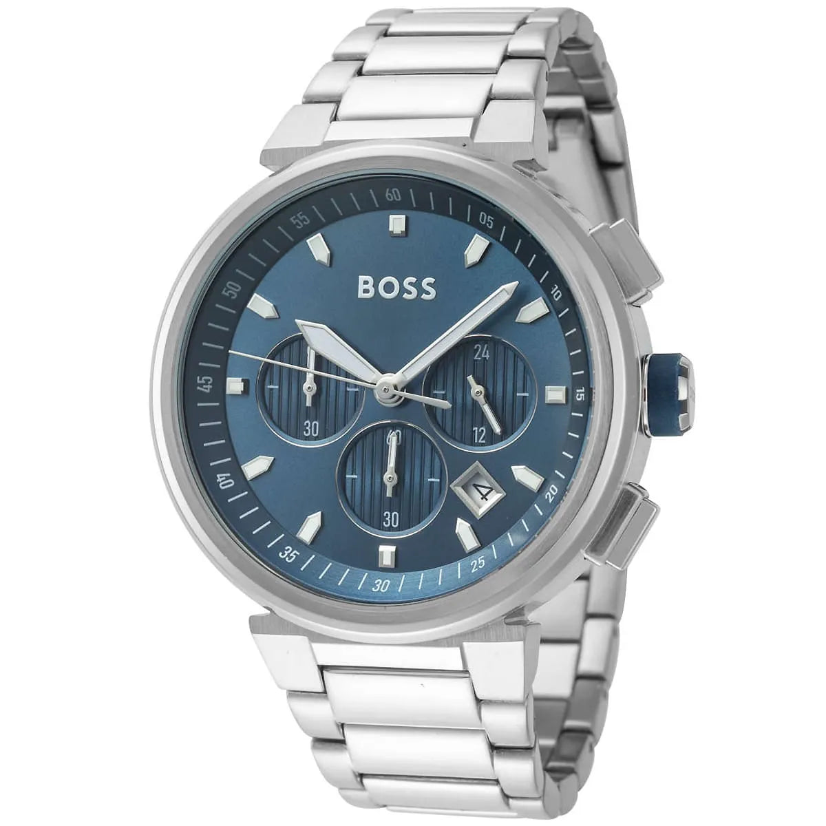 Hugo Boss One chronograph watch showing blue dial with three subdials and steel strap