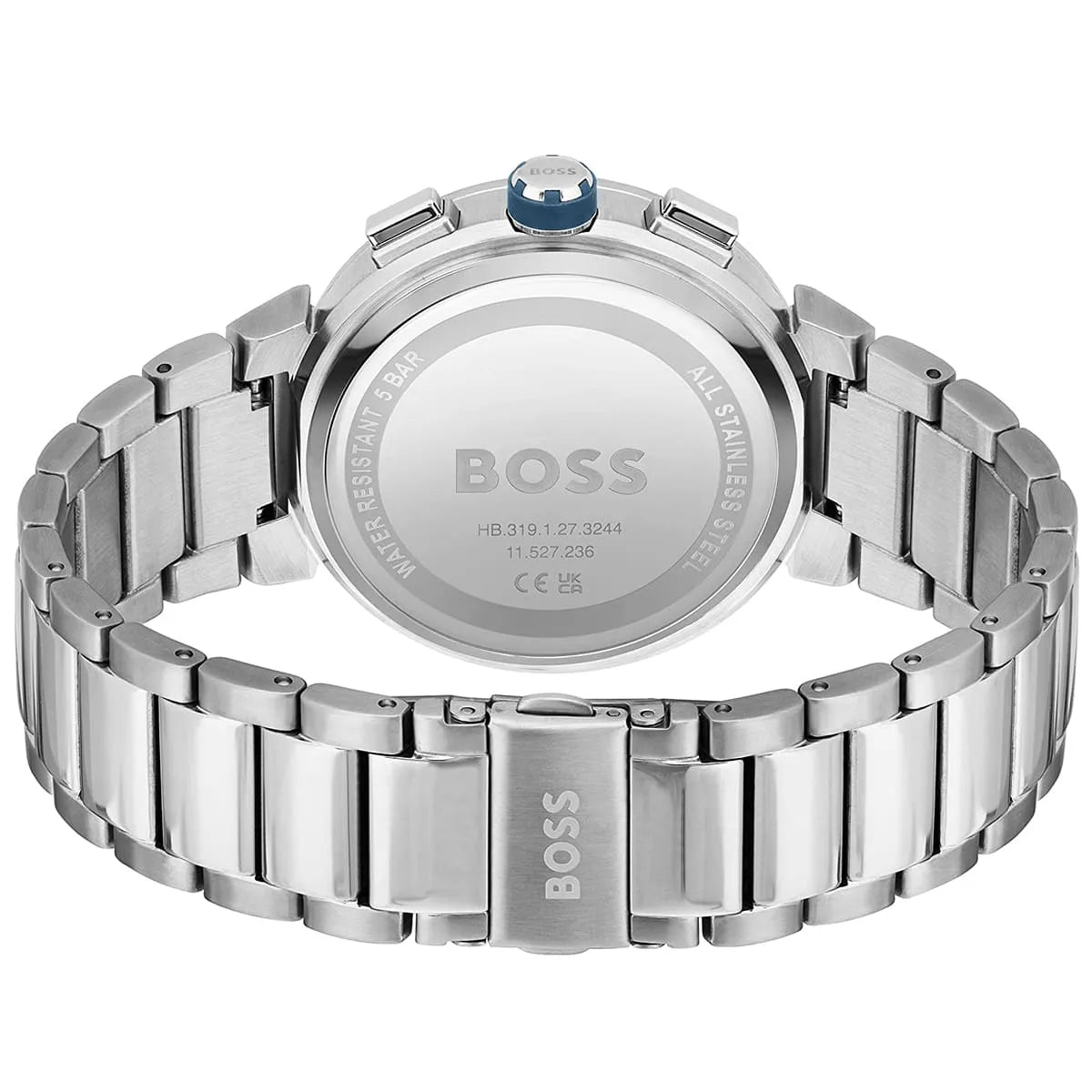 Hugo Boss One watch caseback showing stainless steel case and engraved BOSS branding