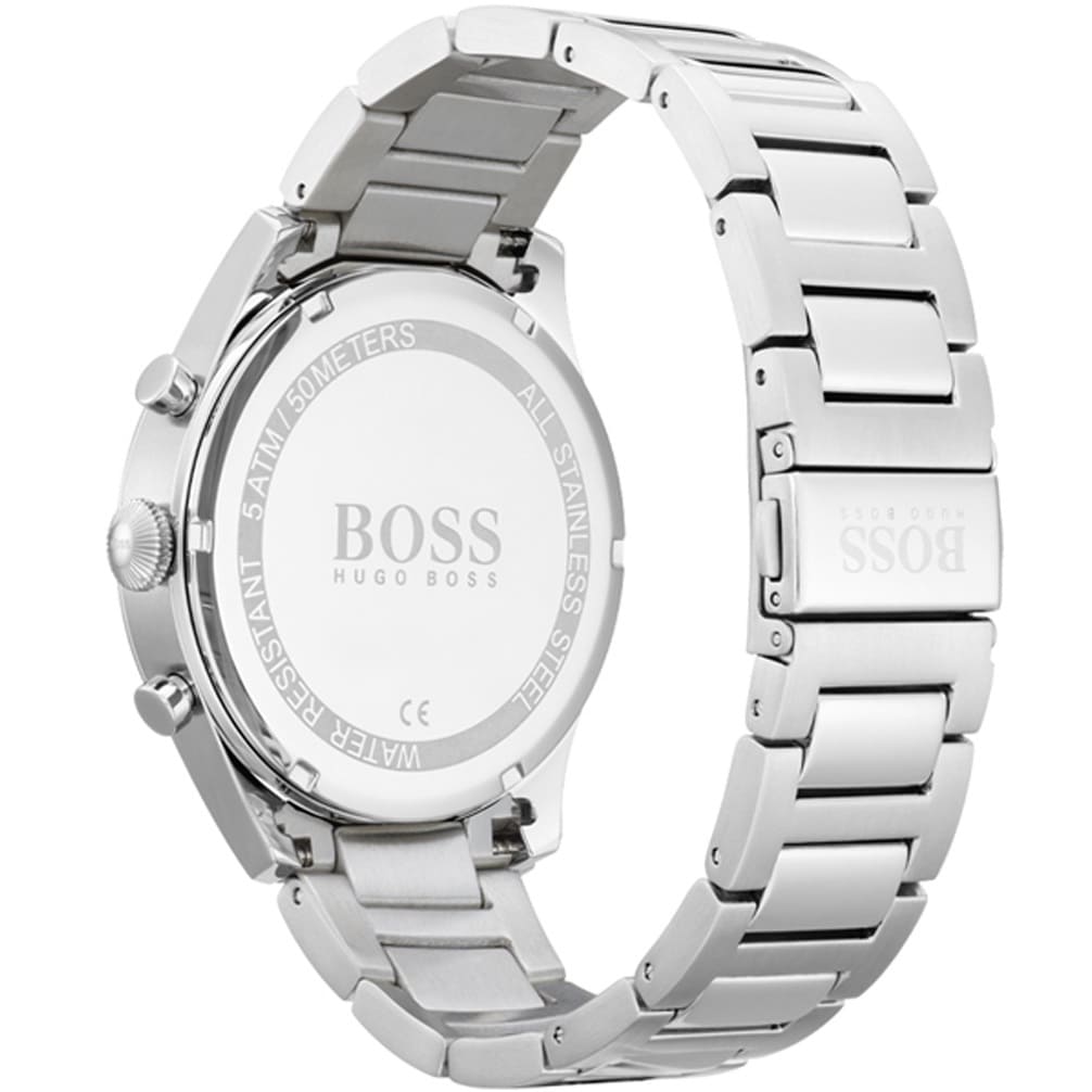 Hugo Boss Pioneer watch caseback showing stainless steel bracelet and engraved BOSS logo