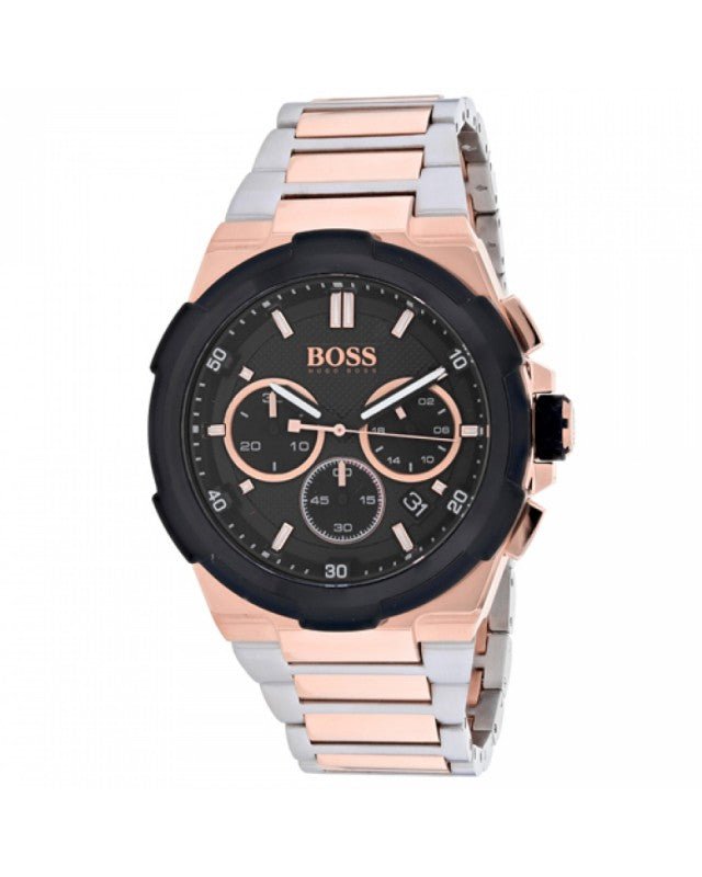 Hugo Boss Supernova chronograph watch angled view showing two tone steel and rose gold bracelet