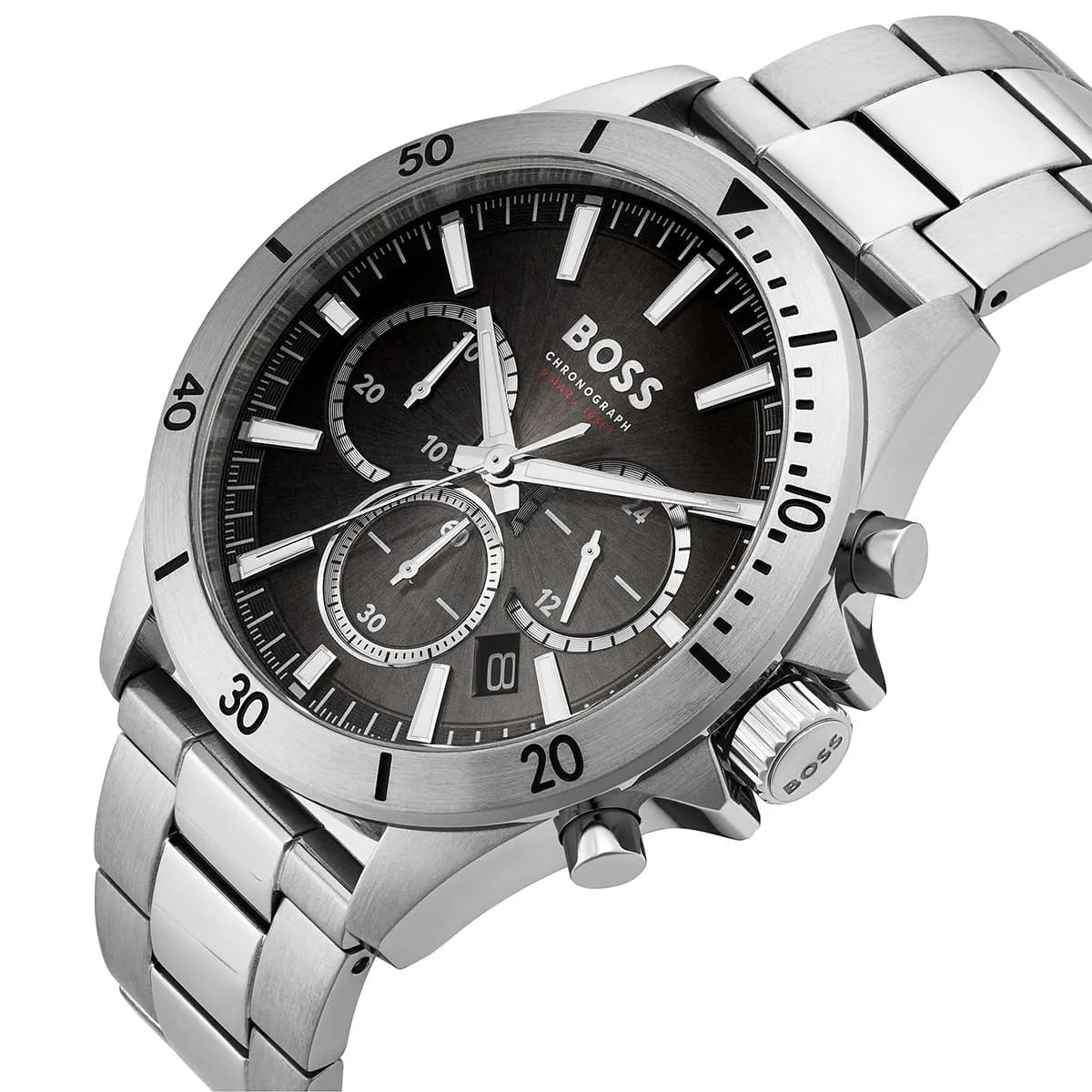 Hugo Boss Troper chronograph side view with black dial and three sub-dials visible