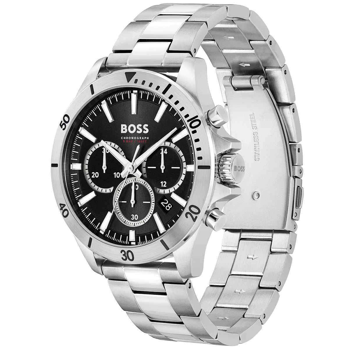 Hugo Boss Troper chronograph watch angled view showing black dial and silver metal strap