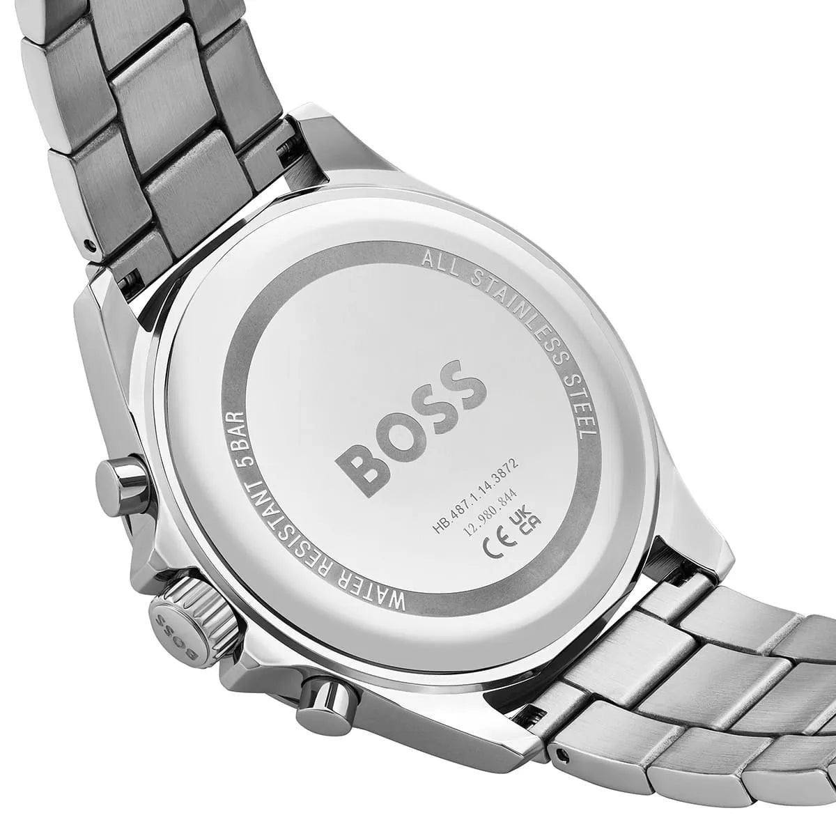 Hugo Boss Troper watch caseback detail showing stainless steel bracelet and specifications
