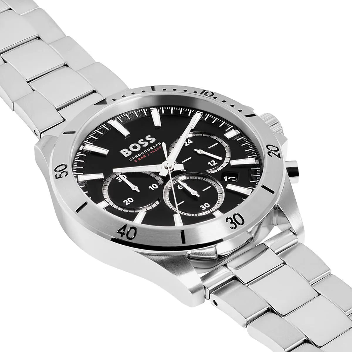 Hugo Boss Troper chronograph watch on wrist showing black dial and silver bracelet