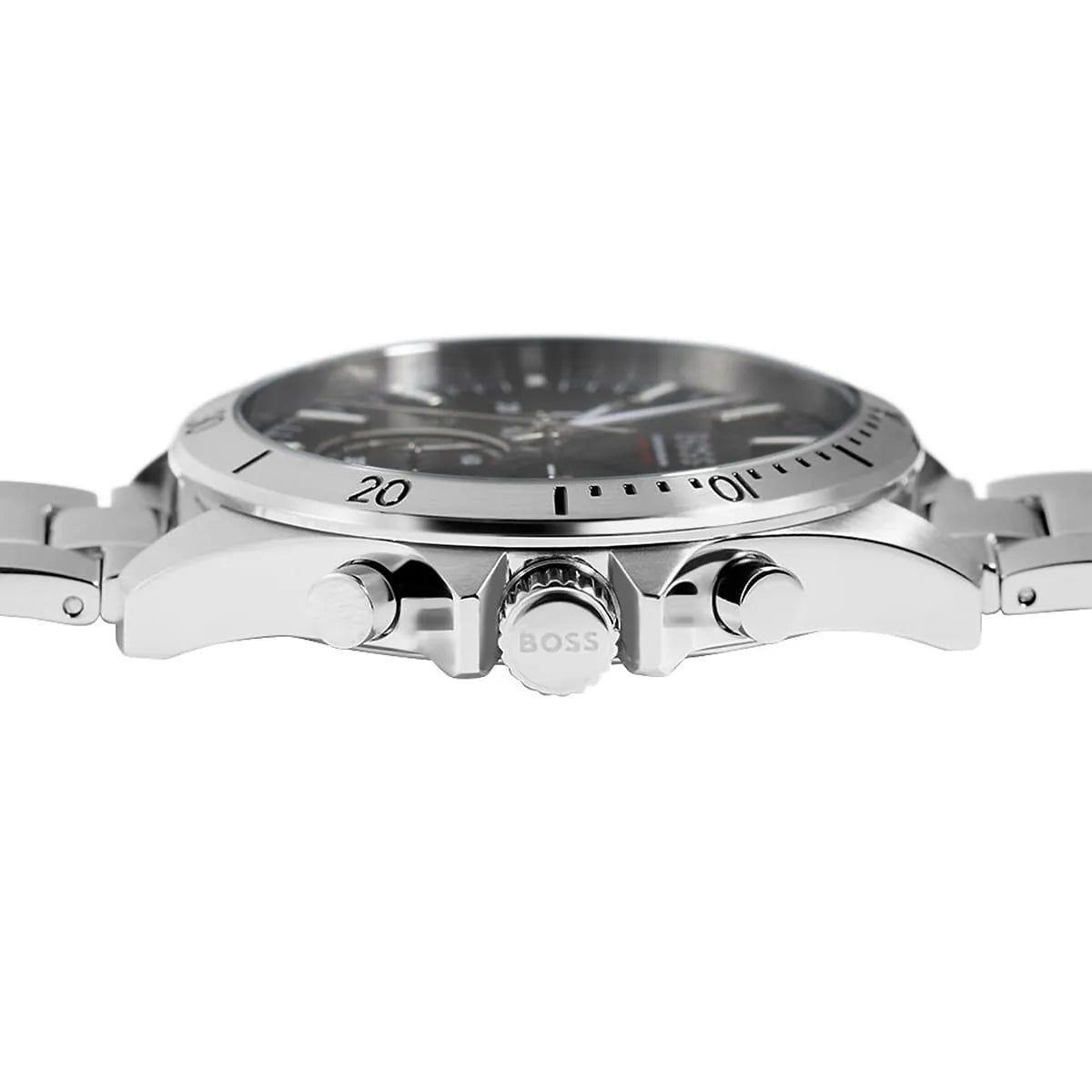 Hugo Boss Troper watch side profile showing case profile and chronograph pushers