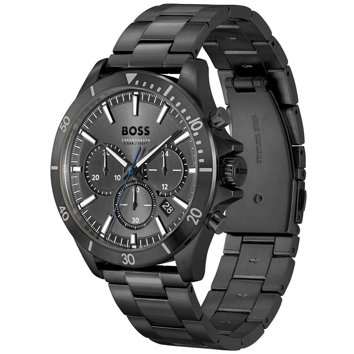 Hugo Boss Troper chronograph watch displayed at angle showing dial and black metal strap