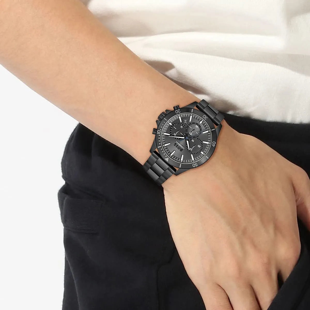 Hugo Boss Troper chronograph black watch worn on wrist with black metal bracelet