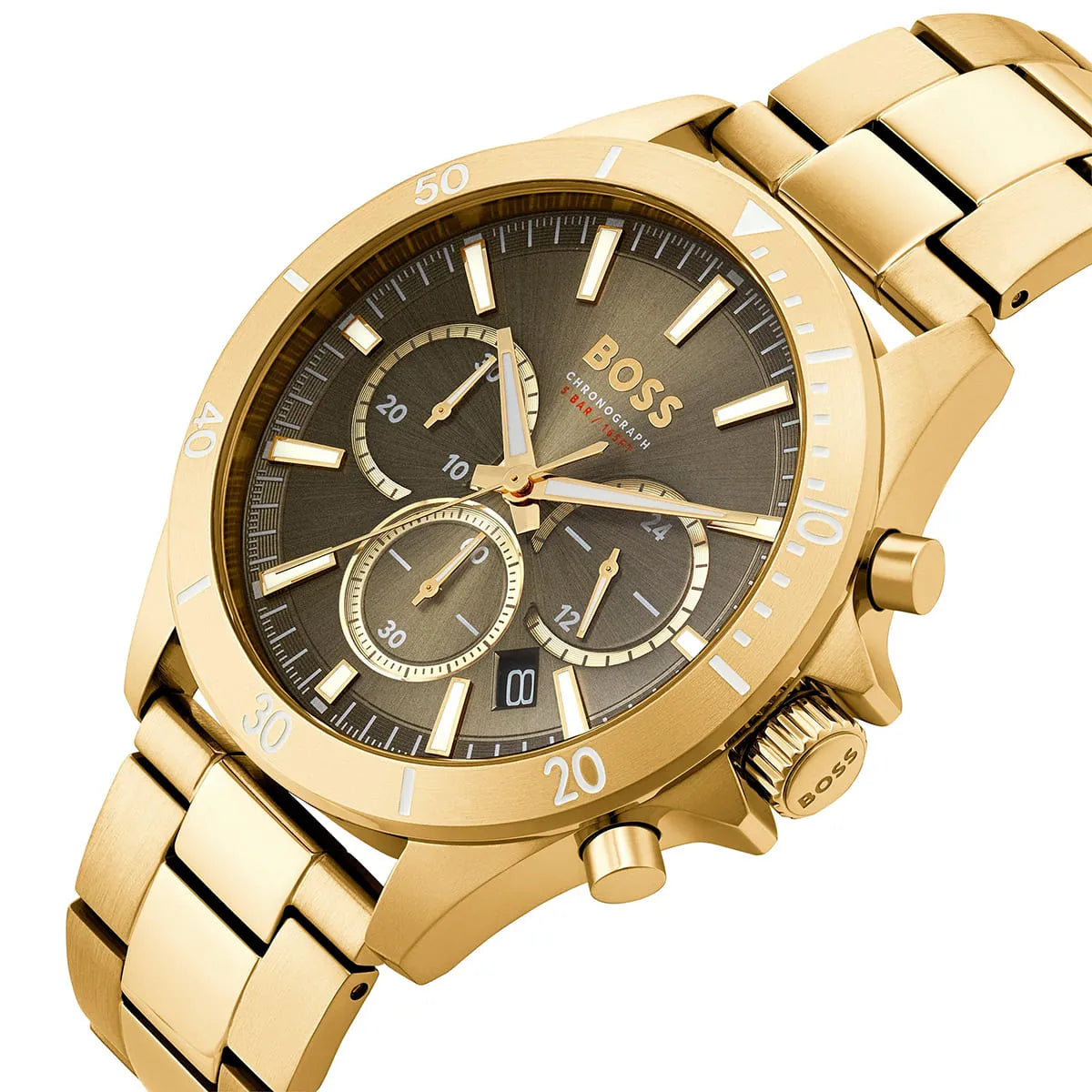 Hugo Boss Troper chronograph watch side angled view with grey-green dial visible