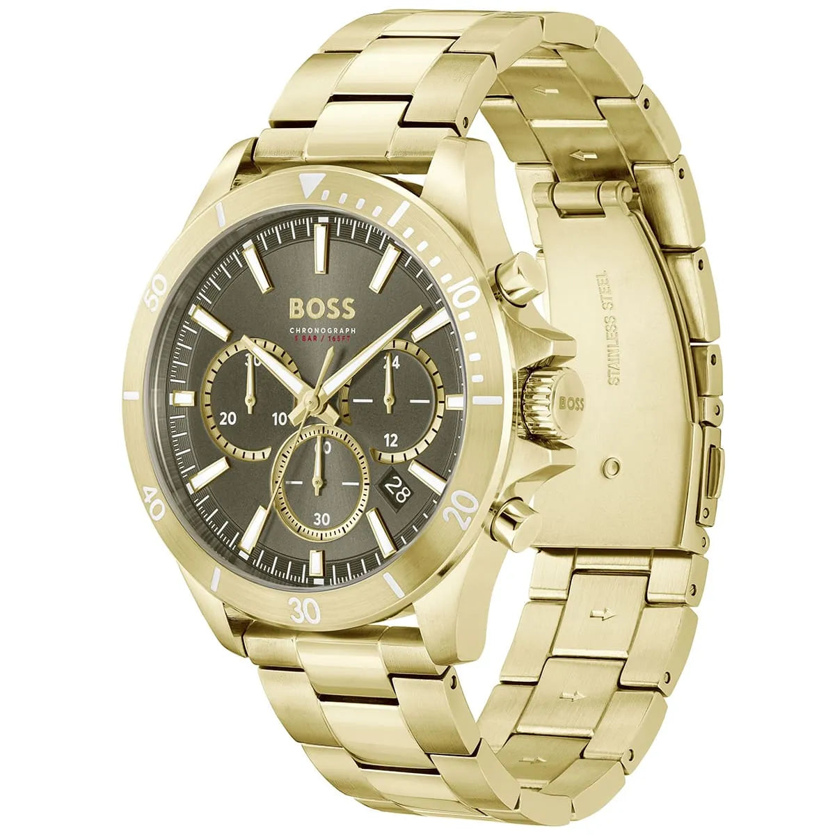 Hugo Boss Troper chronograph watch angled view showing gold case and bracelet
