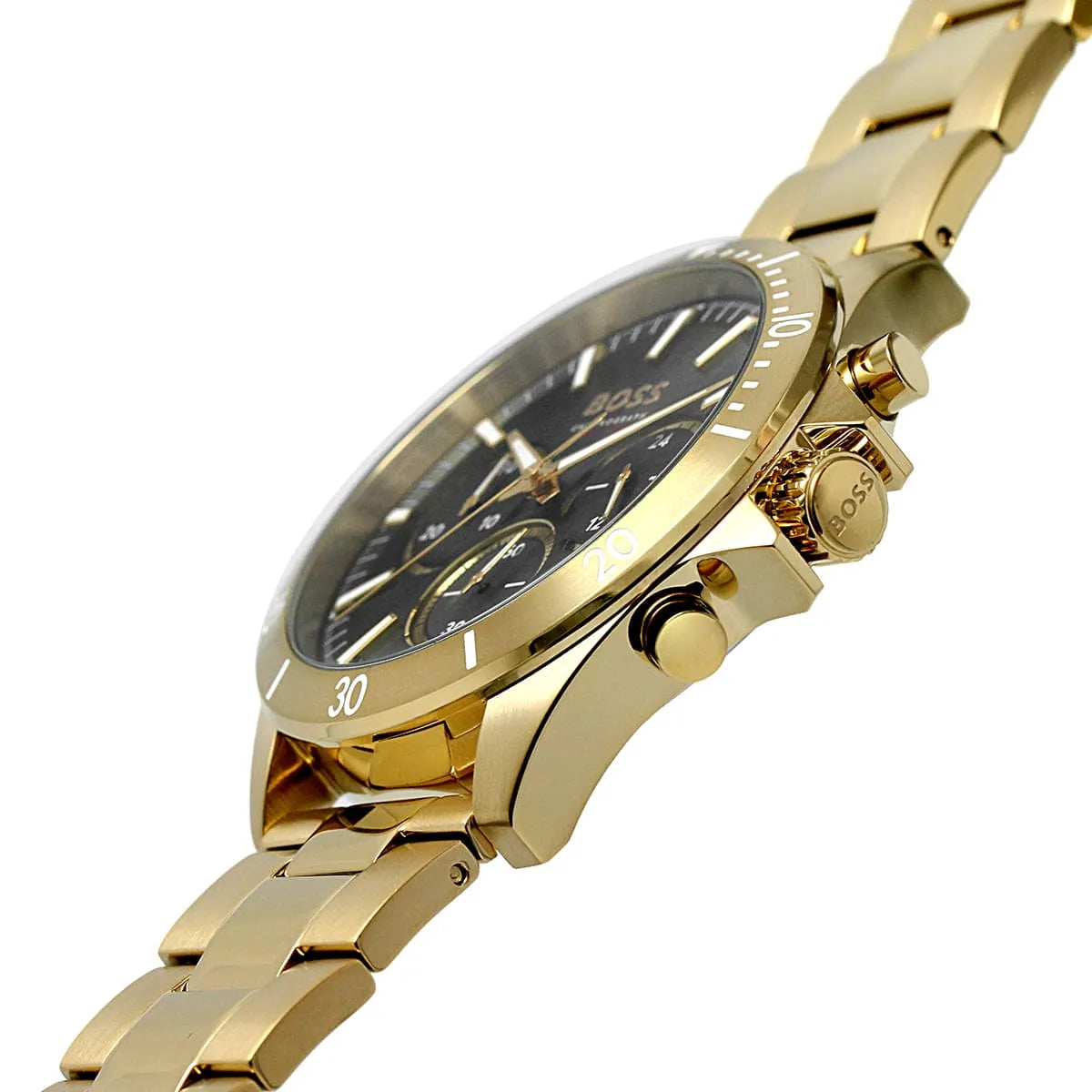 Hugo Boss Troper watch side profile showing chronograph pushers and gold bracelet