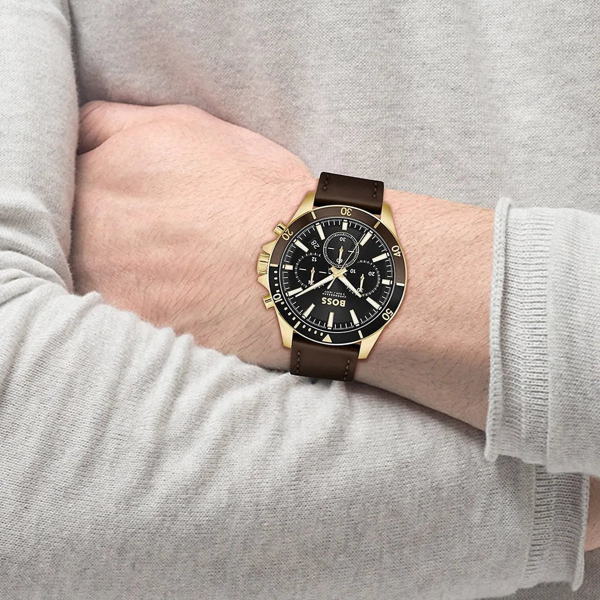 Hugo Boss Troper chronograph watch worn on wrist with brown leather strap
