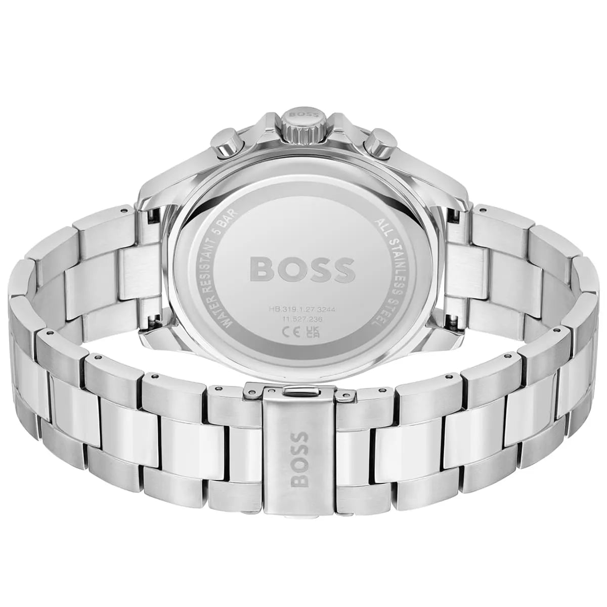 Hugo Boss Troper stainless steel caseback with engraved BOSS branding and CE mark