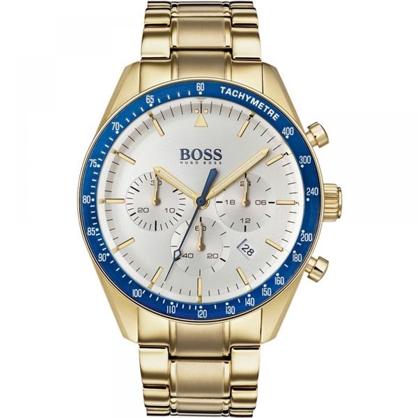 Hugo Boss Trophy gold chronograph watch with white dial and blue tachymeter bezel