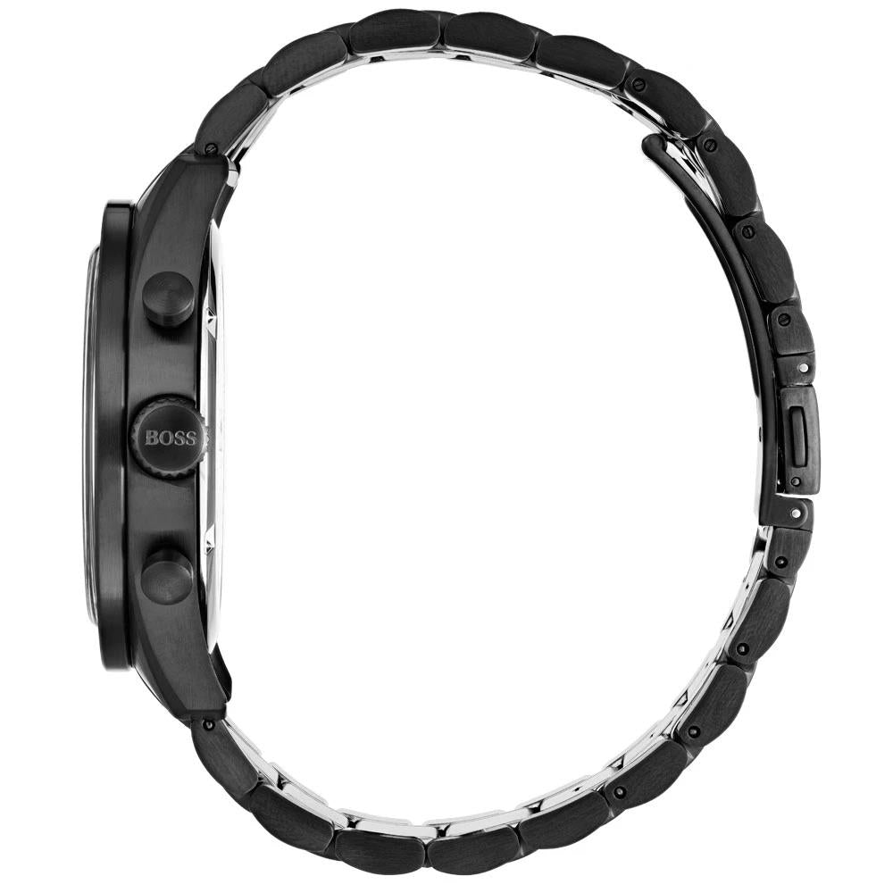 Side profile view of Hugo Boss Trophy watch showing black case and steel bracelet