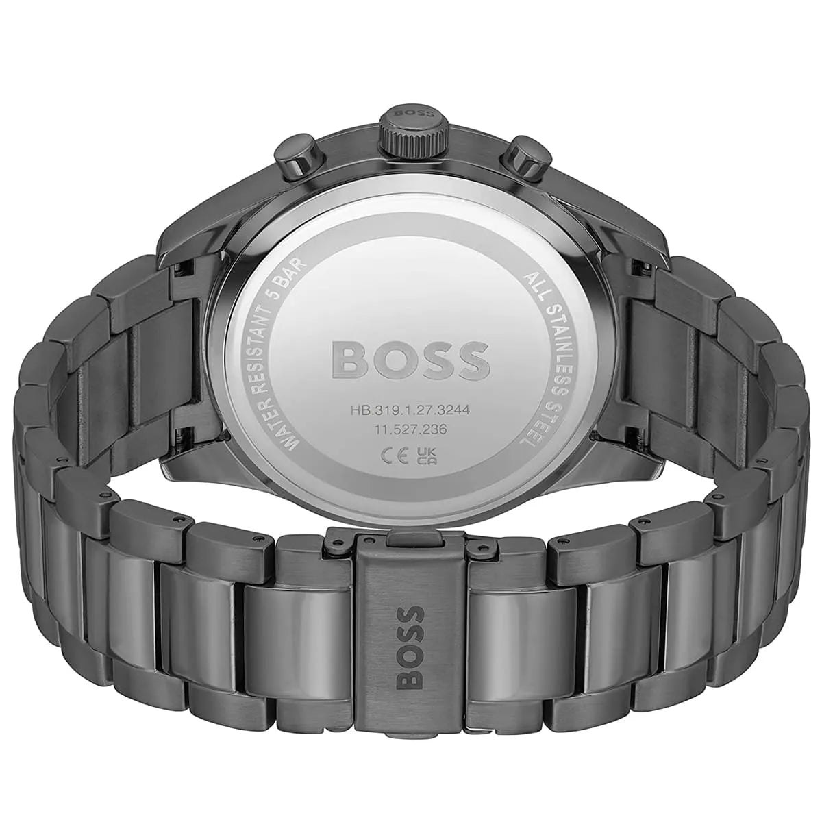 Hugo Boss View Chronograph caseback with stainless steel grey strap