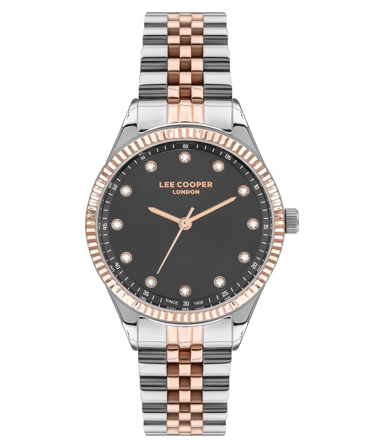 Lee Cooper Classic dark grey dial two-tone silver and rose gold women's watch with crystal bezel