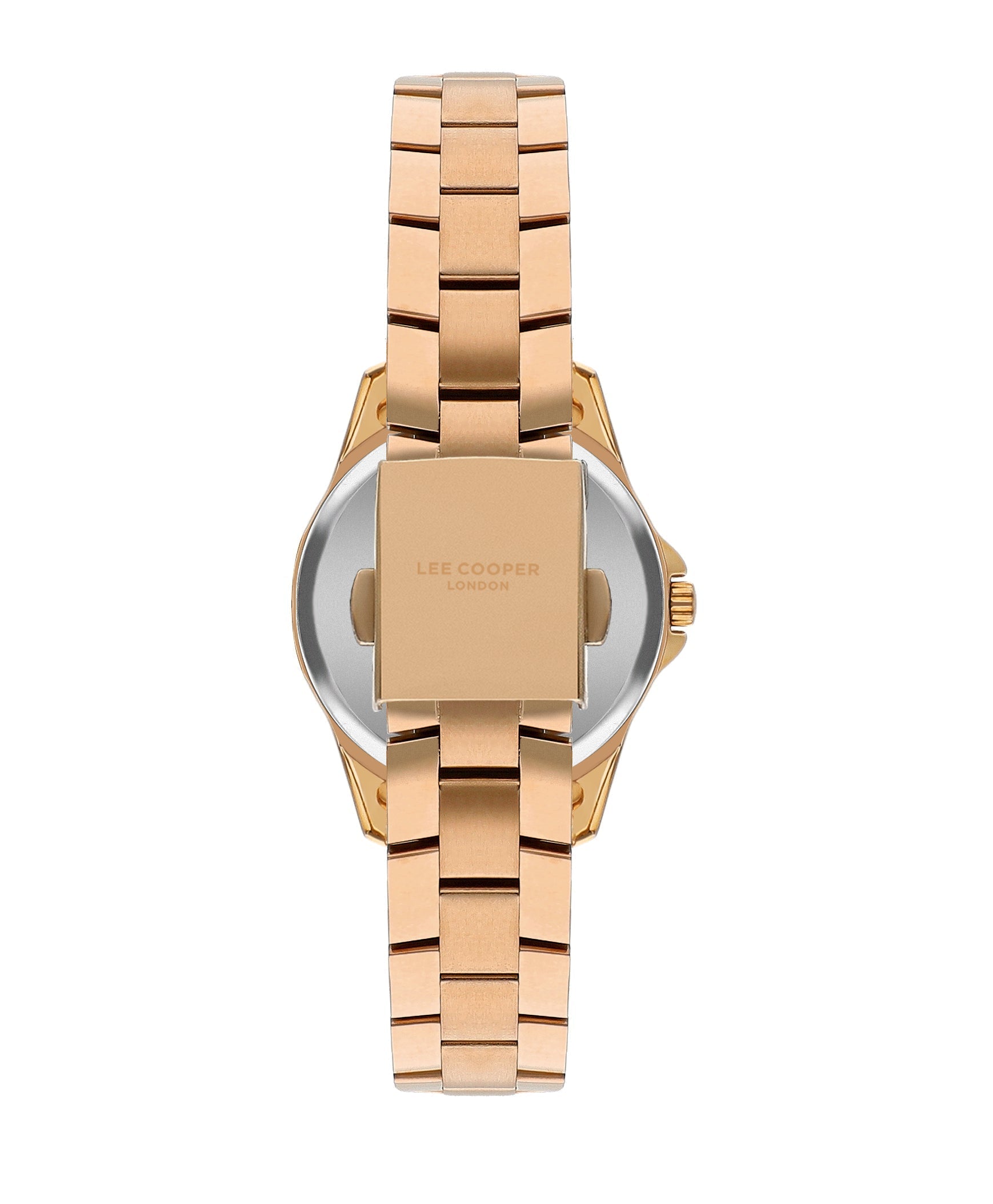 Caseback view of Lee Cooper rose gold watch with metal strap