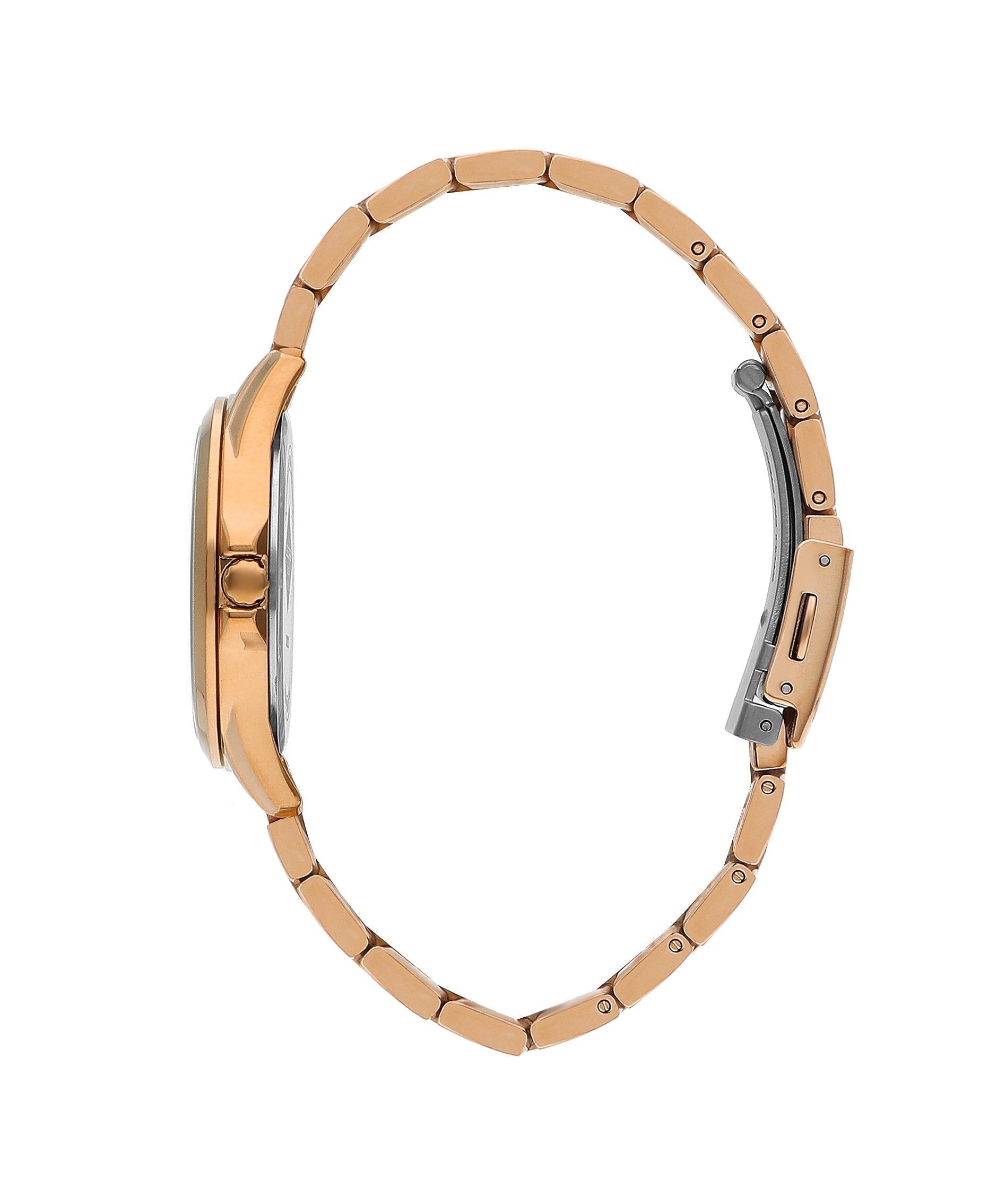 Side view of Lee Cooper rose gold watch showing metal bracelet and case profile