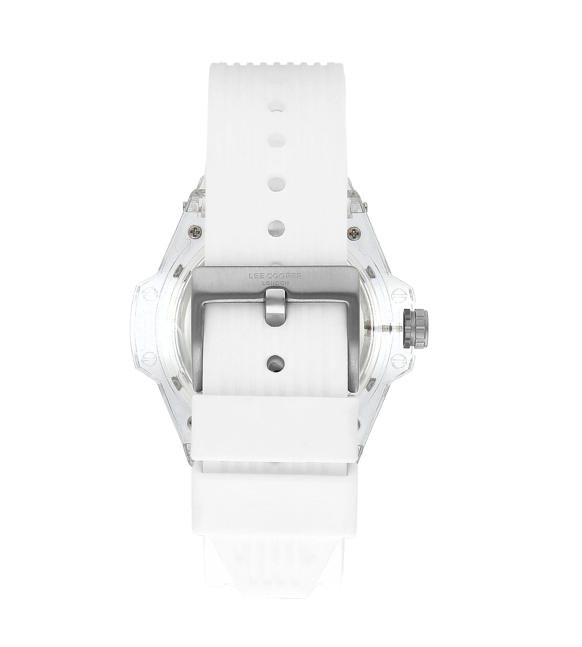 Lee Cooper LC07975.333 watch caseback view showing transparent crystal and silicone strap