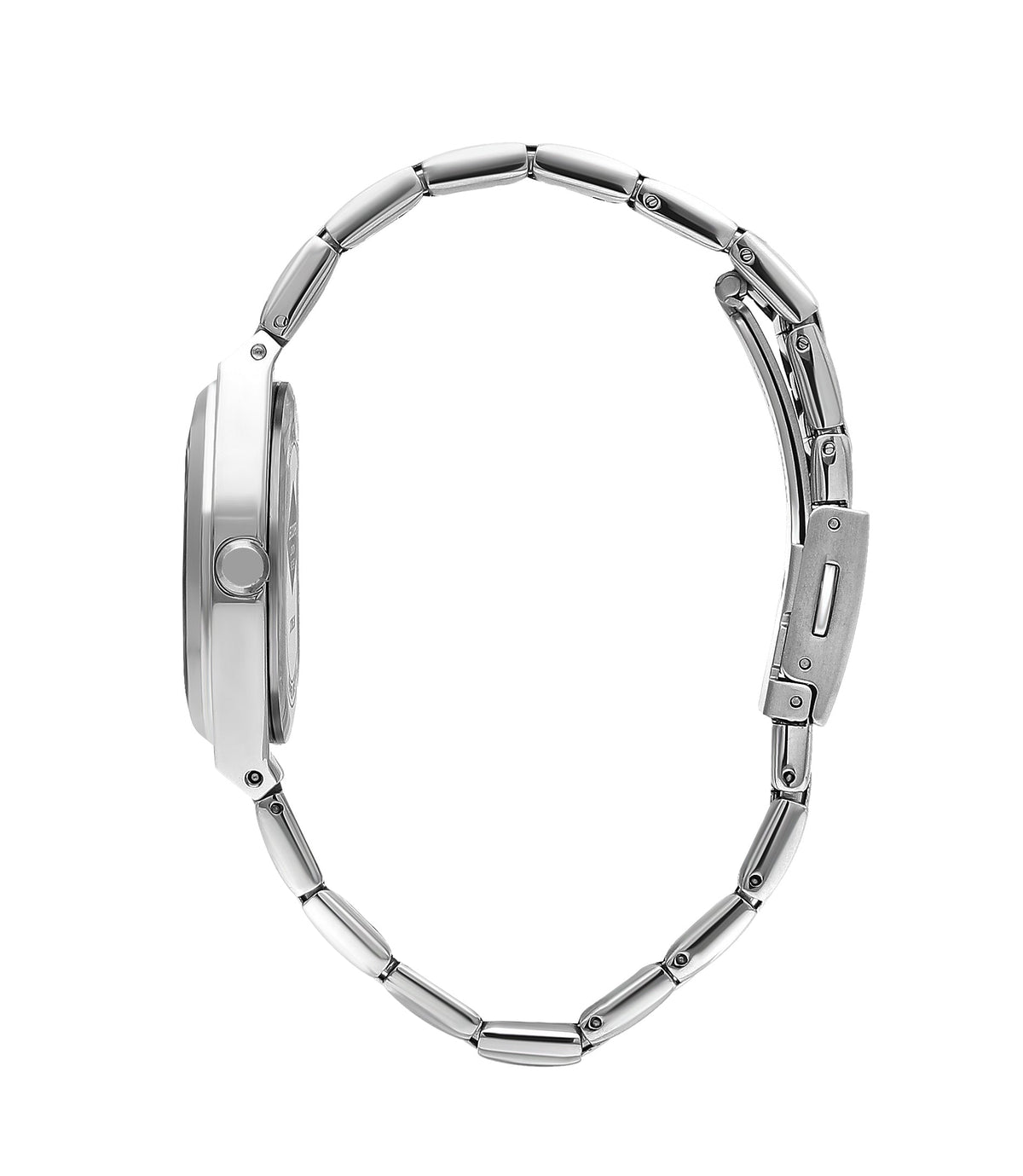 Side view of Lee Cooper silver watch showing profile and bracelet detail