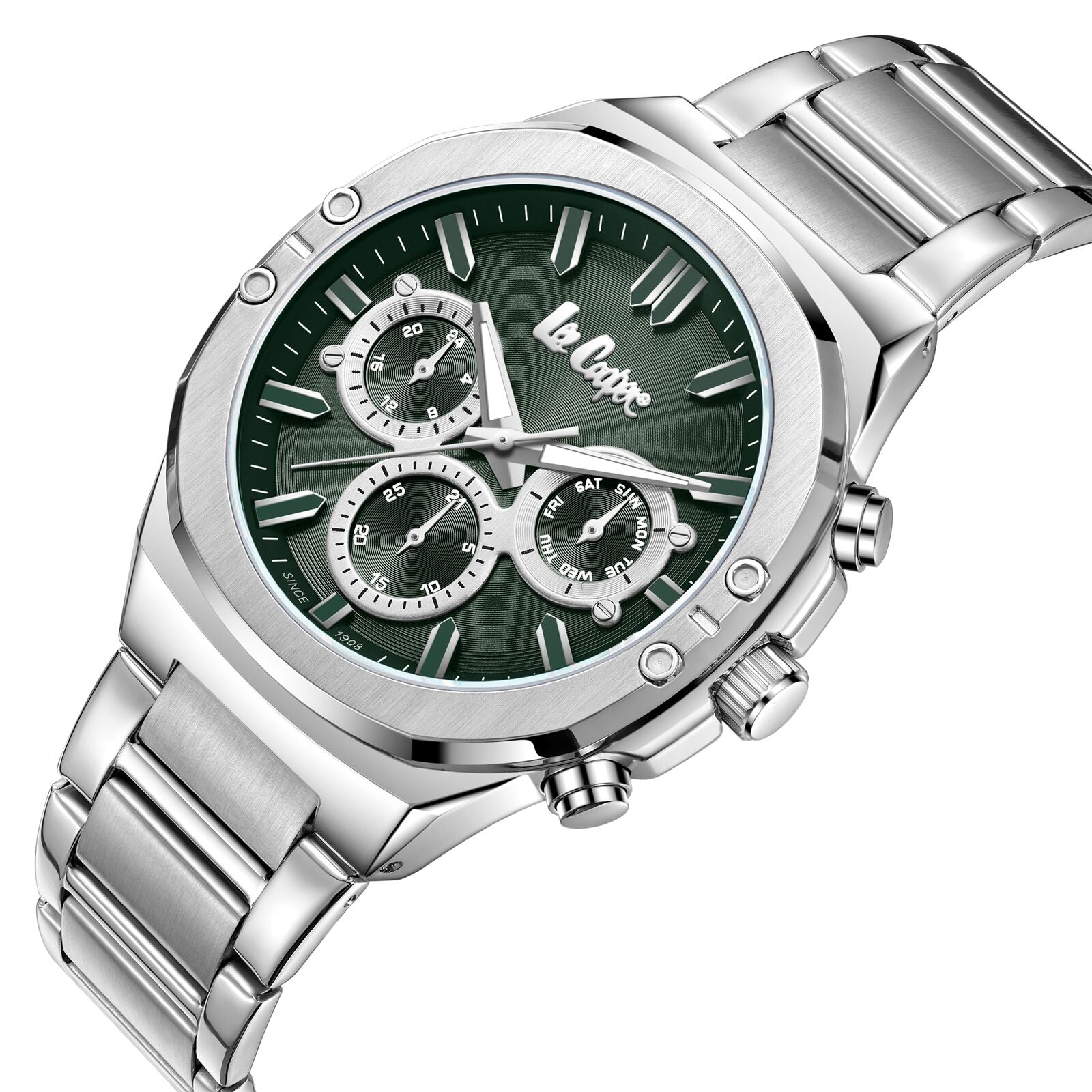 Lee Cooper LC07991.370 chronograph watch angled view showing green dial with three subdials