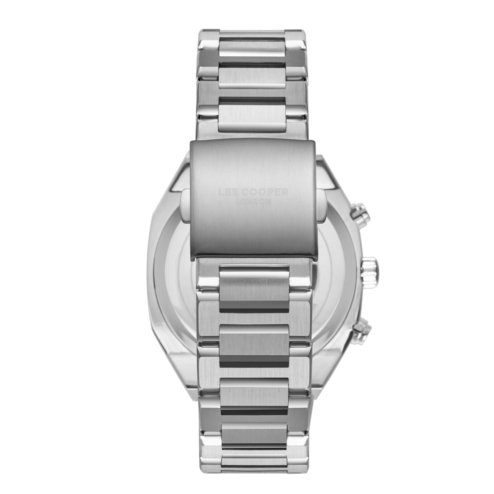 Lee Cooper watch caseback showing silver stainless steel back and bracelet