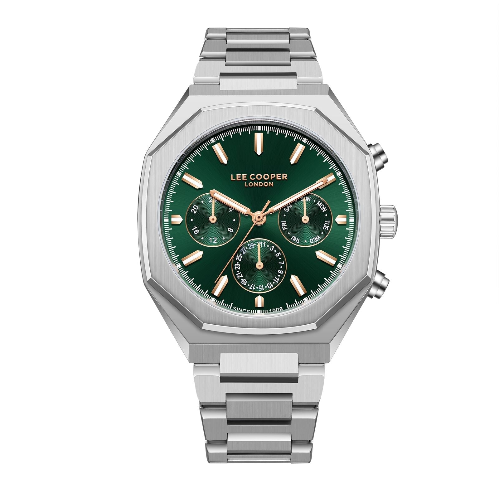 Lee Cooper multifunction watch with green dial, silver case and bracelet