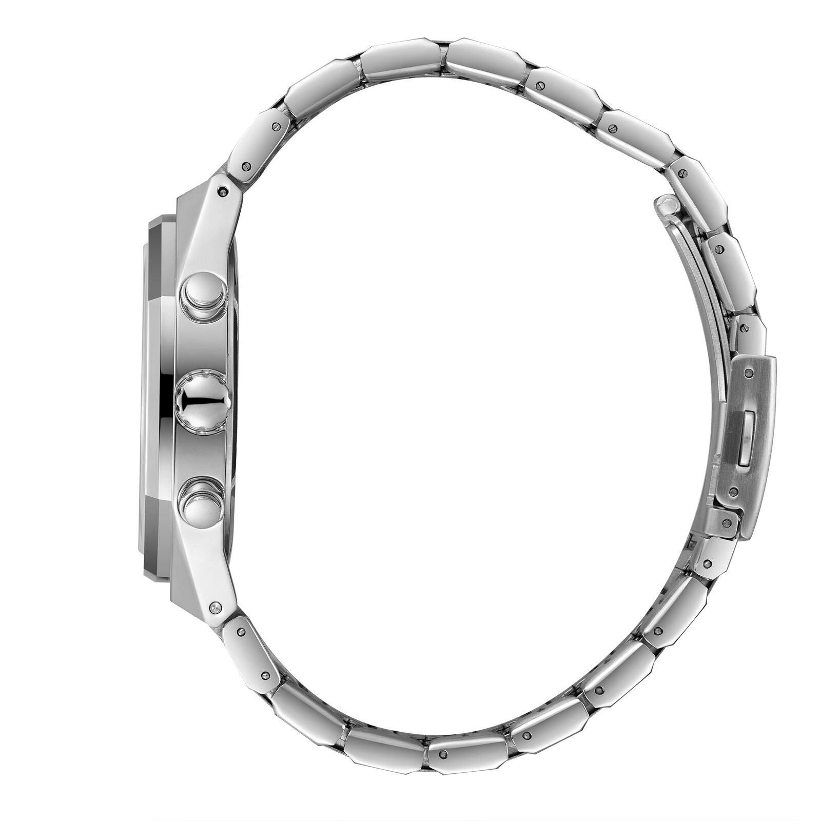 Side view of Lee Cooper watch showing silver stainless steel case and bracelet