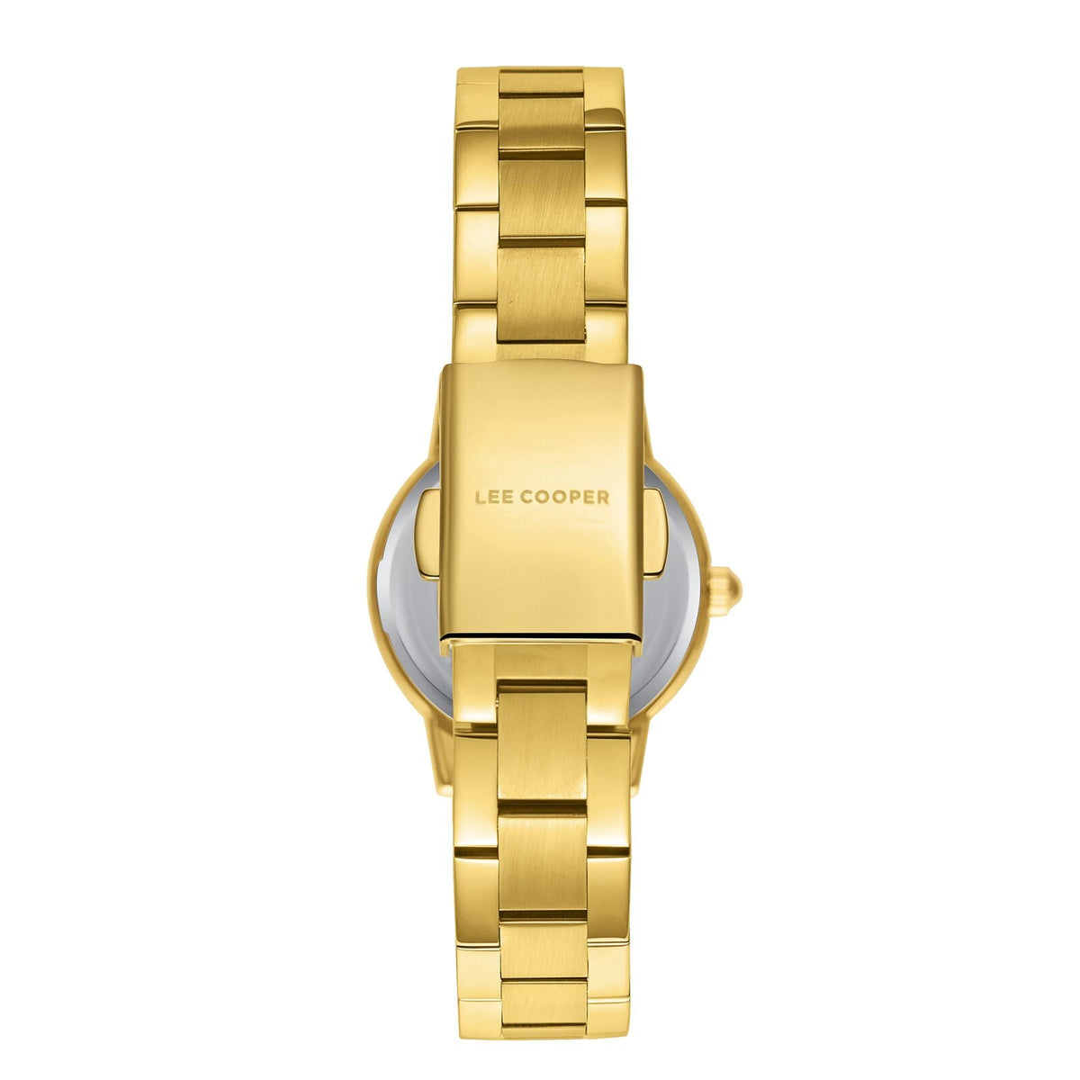 Lee Cooper LC08098.120 caseback showing gold-tone case and engraved bracelet