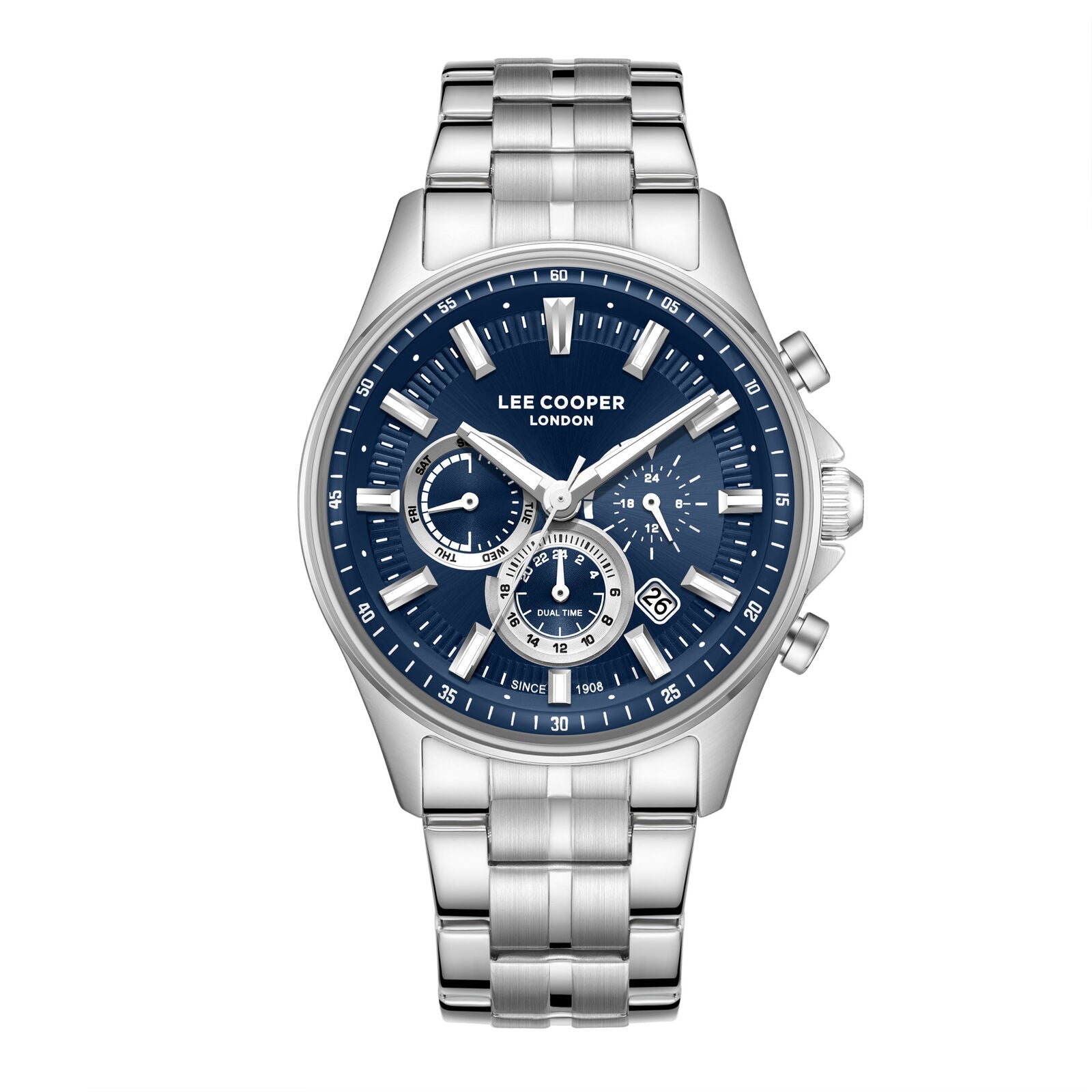 Lee Cooper silver stainless steel watch with blue chronograph dial and subdials