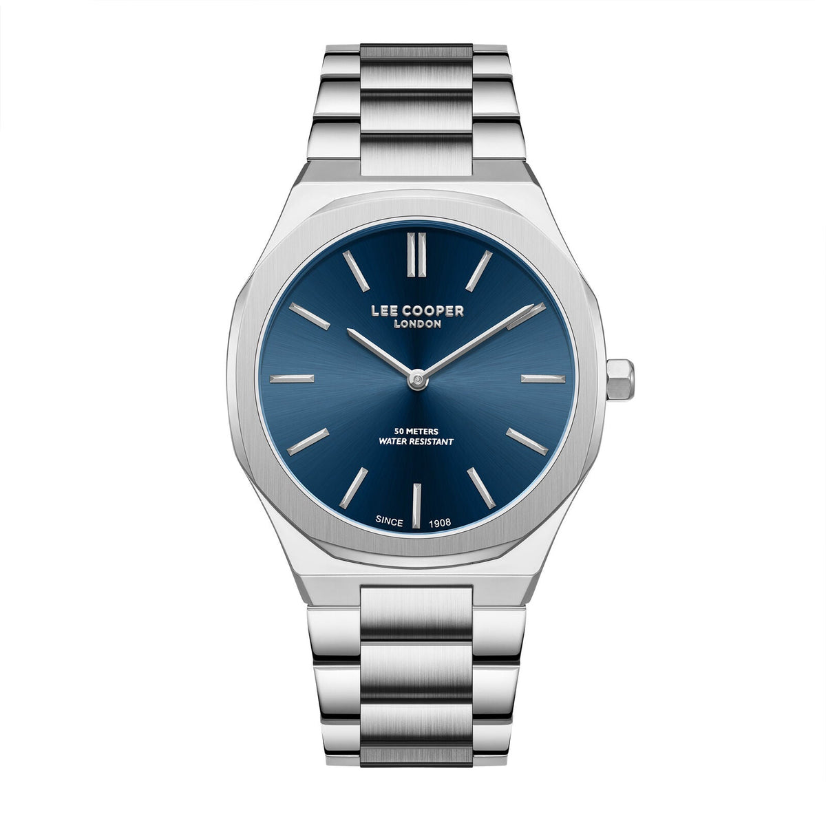 Lee Cooper Classic blue dial silver watch with steel bracelet, front view