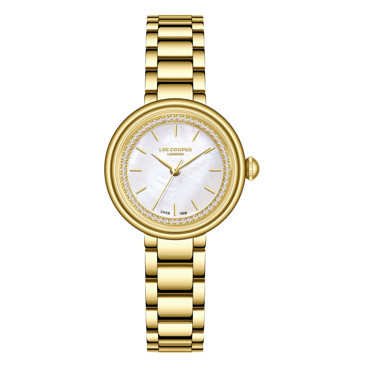 Lee Cooper Classic gold watch with white mother-of-pearl dial and crystal-set bezel