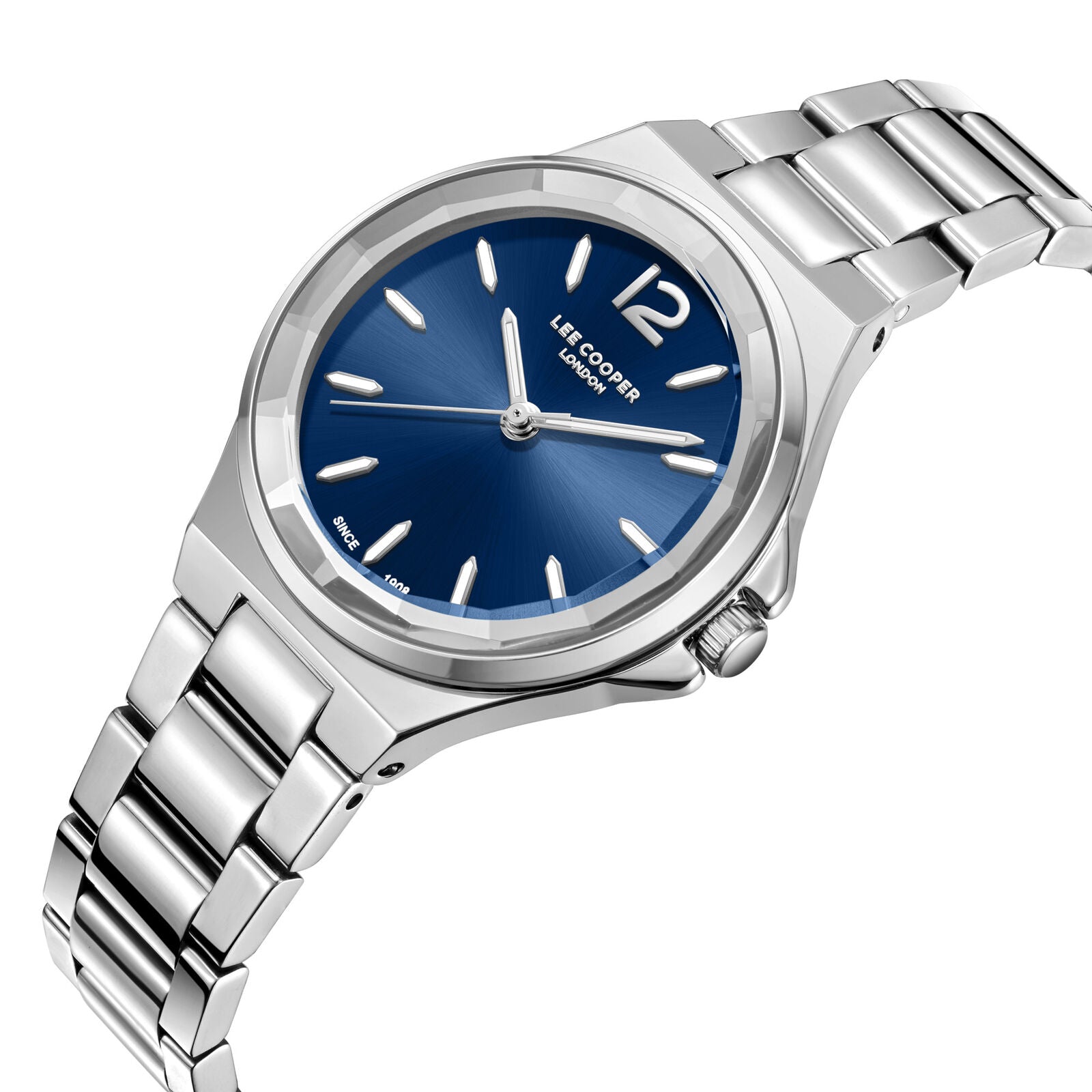 Lee Cooper Casual Classic blue dial watch at angled view showing silver case and bracelet