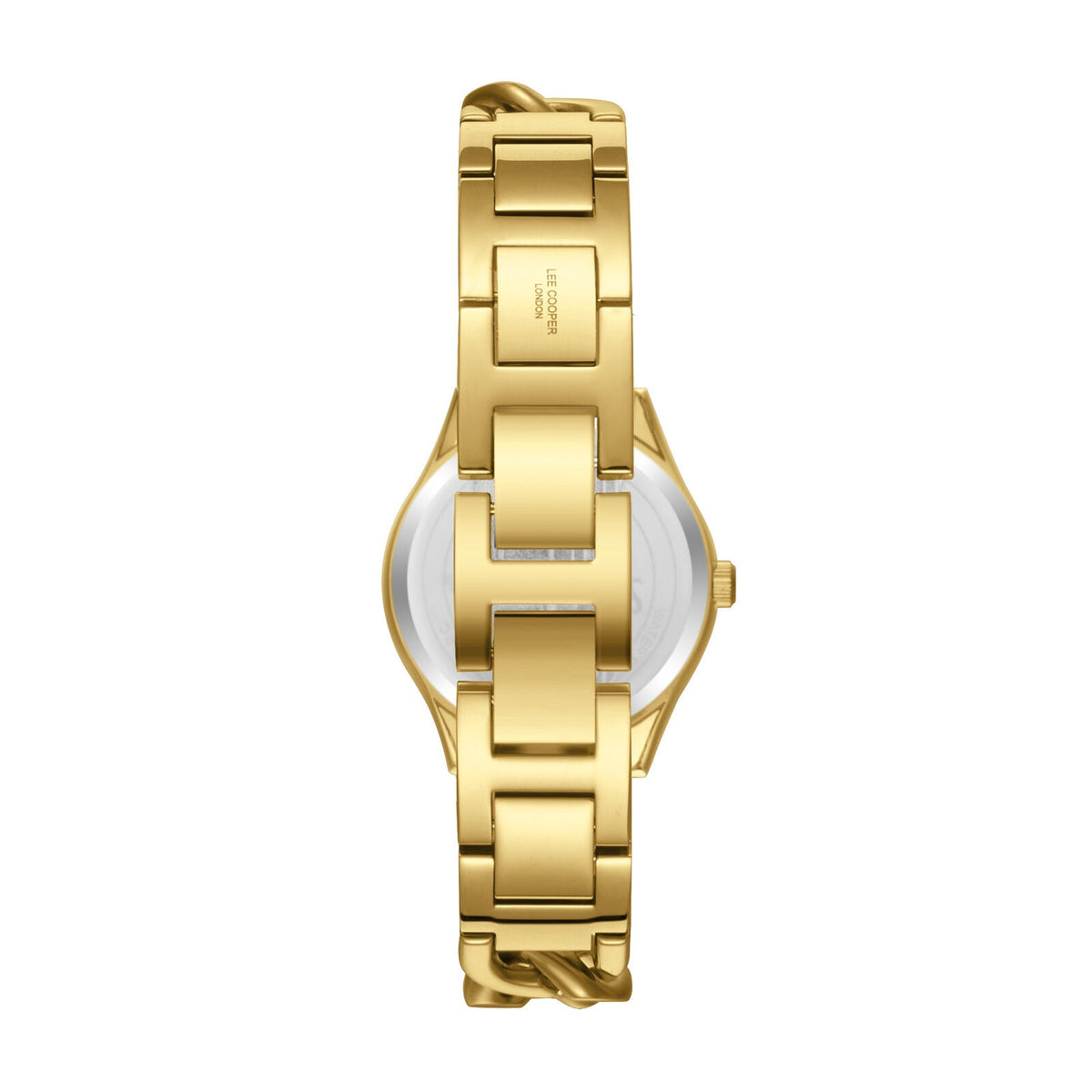 Lee Cooper Classic watch caseback showing white mother-of-pearl dial and gold link bracelet