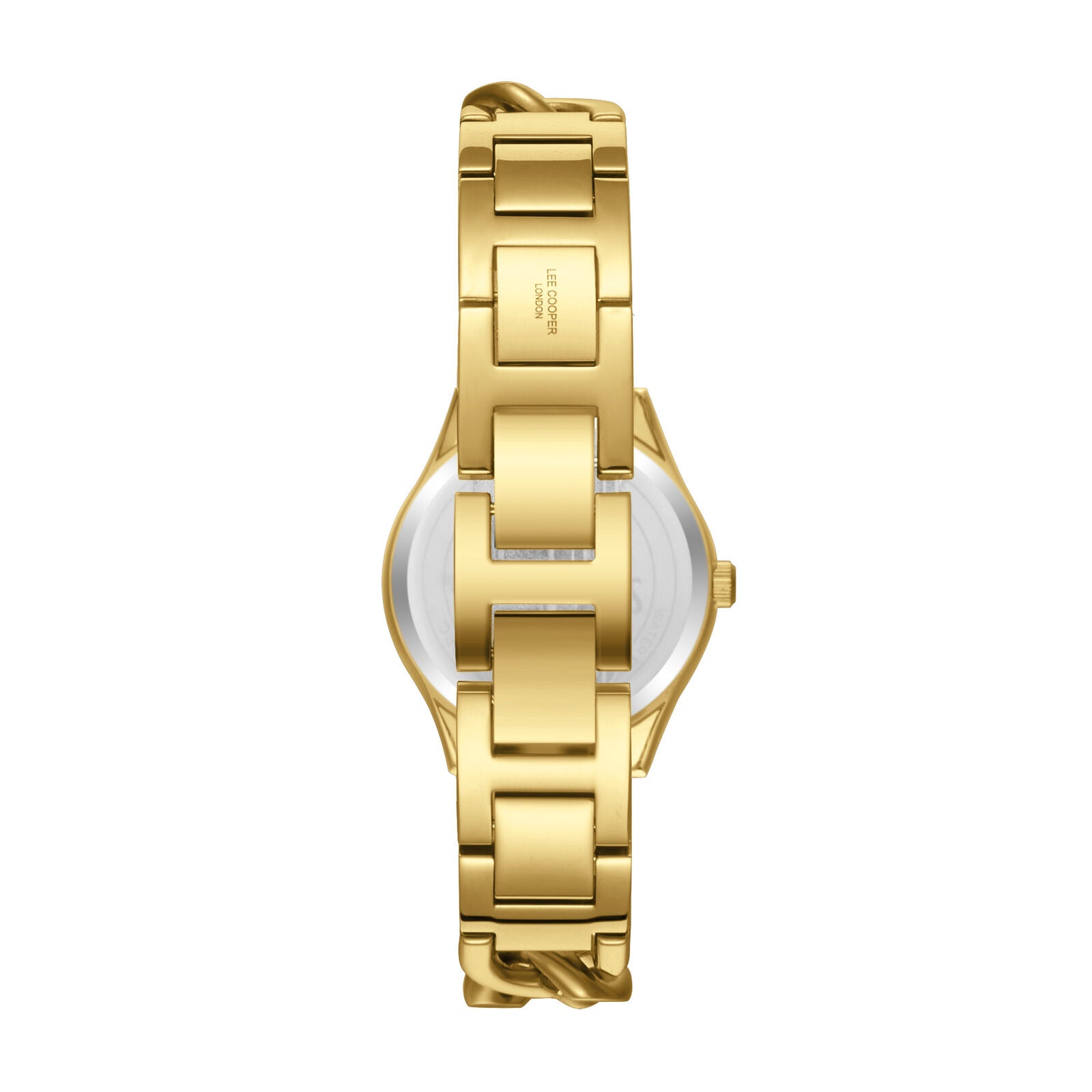 Lee Cooper Classic watch caseback showing white mother-of-pearl dial and gold link bracelet