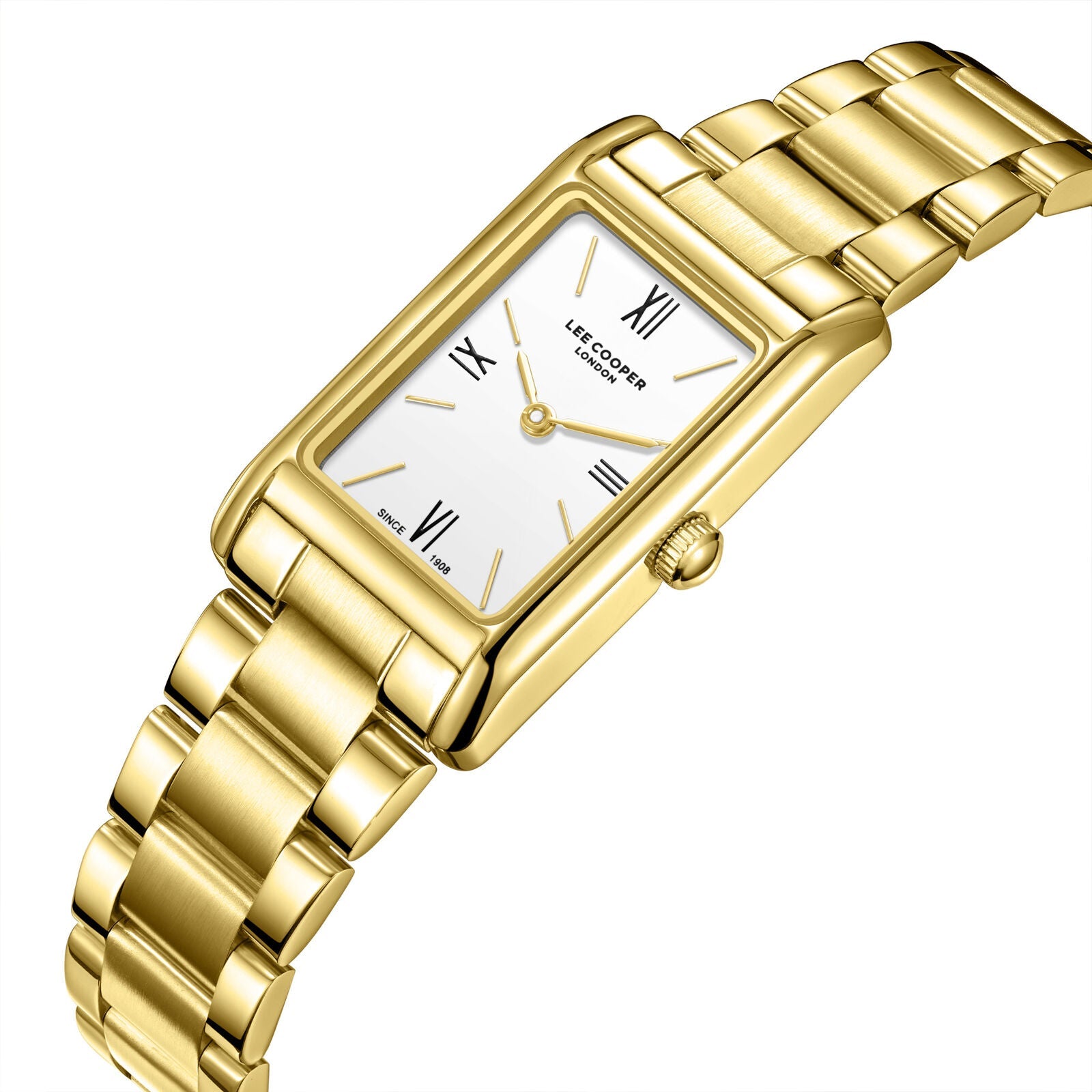 Lee Cooper gold watch at angle showing rectangular case and bracelet