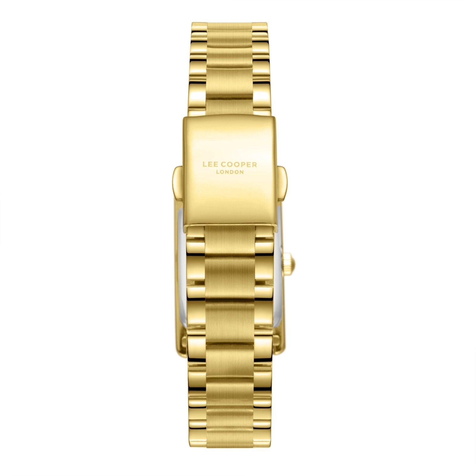 Lee Cooper watch caseback showing gold-tone engraved case and link bracelet