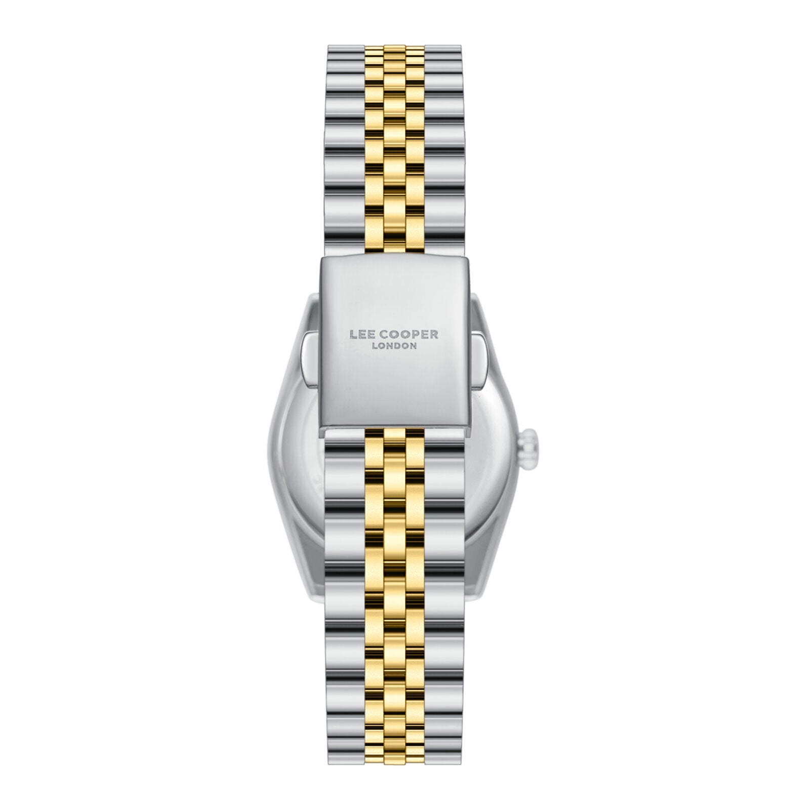 Lee Cooper LC08303 caseback with engraved branding and two-tone steel and gold bracelet