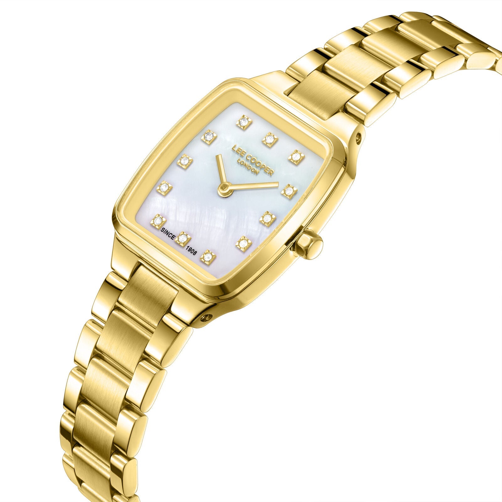 Lee Cooper Malo gold watch angled view showing white MOP dial and gold bracelet
