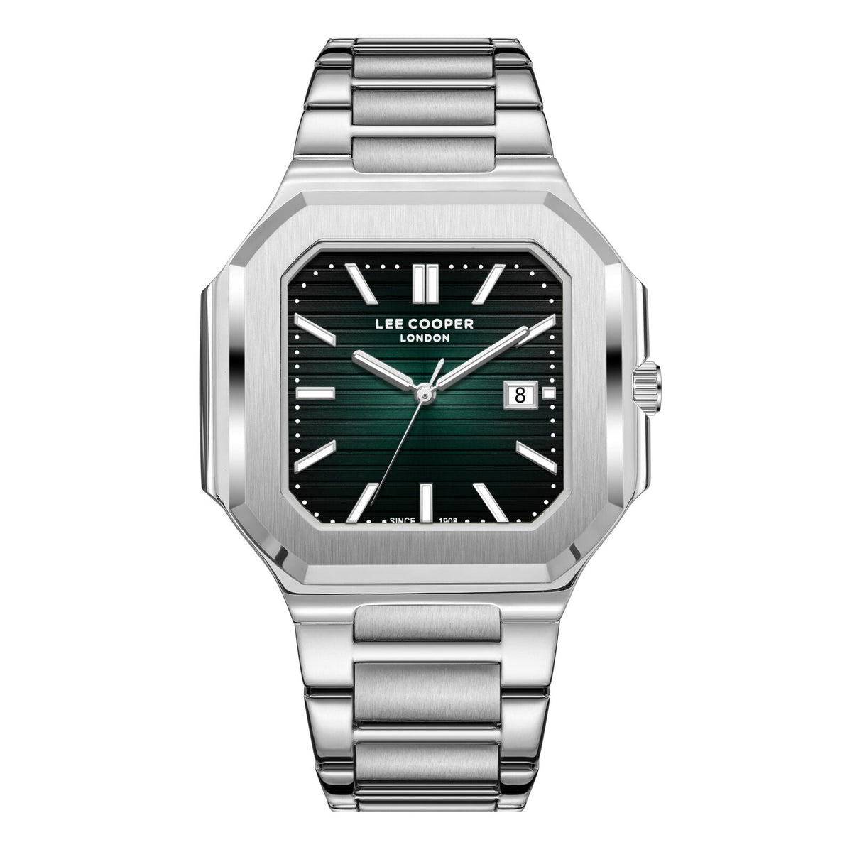 Lee Cooper Maxime square case watch with green dial, silver case and bracelet