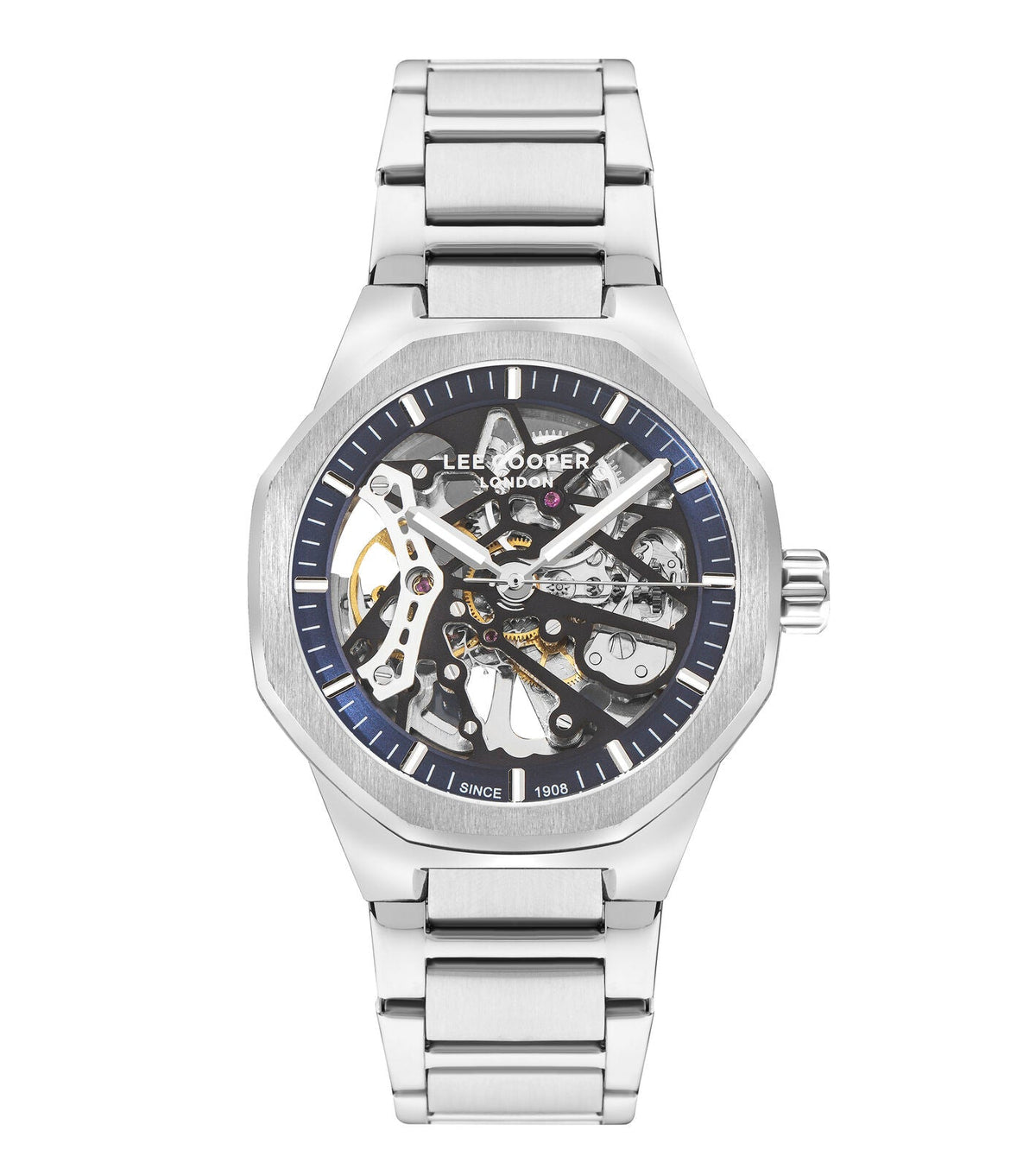 Lee Cooper Richard automatic skeleton watch with blue dial, visible movement, and silver metal bracelet