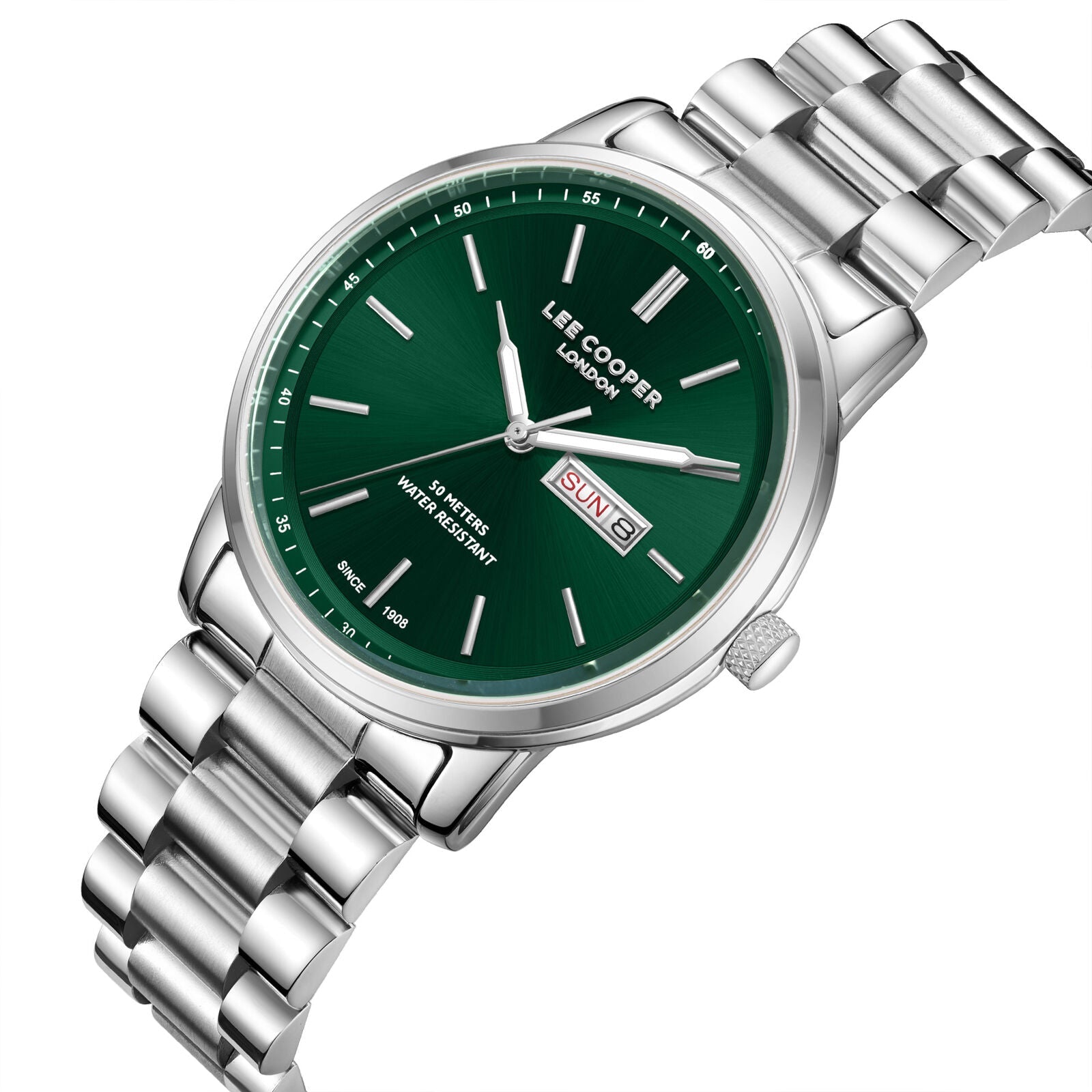 Lee Cooper Urian Day Date Window Green Dial Silver Watch - LC08236.370