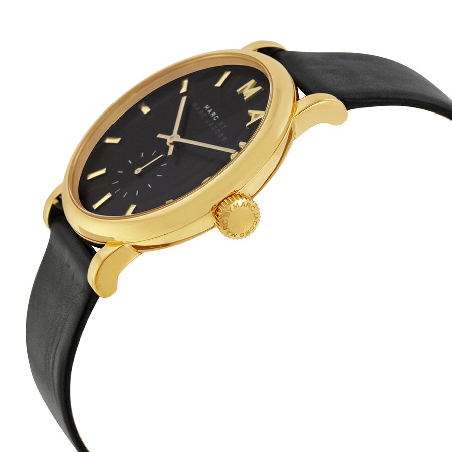 Marc by Marc Jacobs Baker MBM1269 side profile with gold case, crown detail, and black leather strap