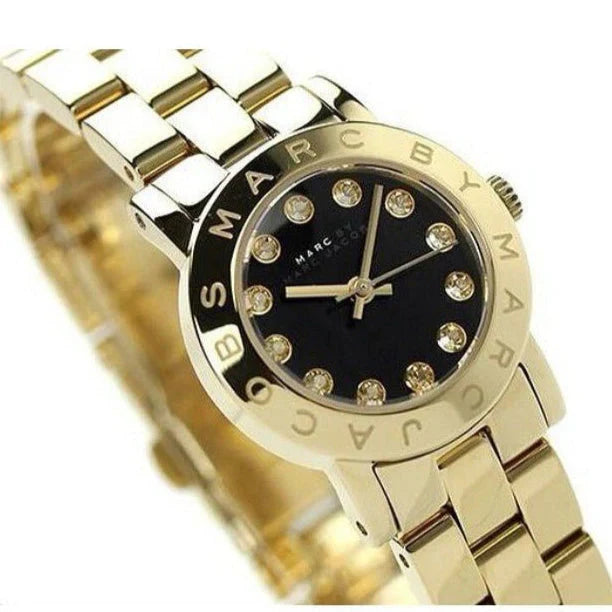 Marc By Marc Jacobs Amy Glitz watch at angle showing black dial and gold-tone bracelet
