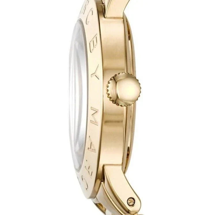Side profile of gold-tone steel case and bracelet with crown detail