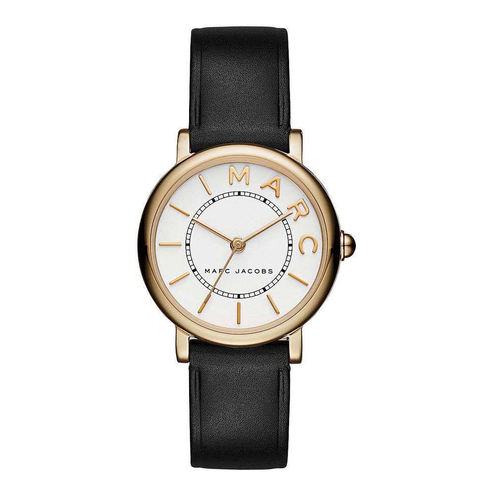 Marc Jacobs Classic Mini white dial watch with gold-tone case and black leather strap