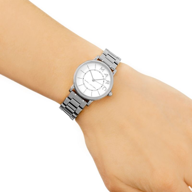 Marc Jacobs MJ3525 watch worn on wrist with stainless-steel bracelet