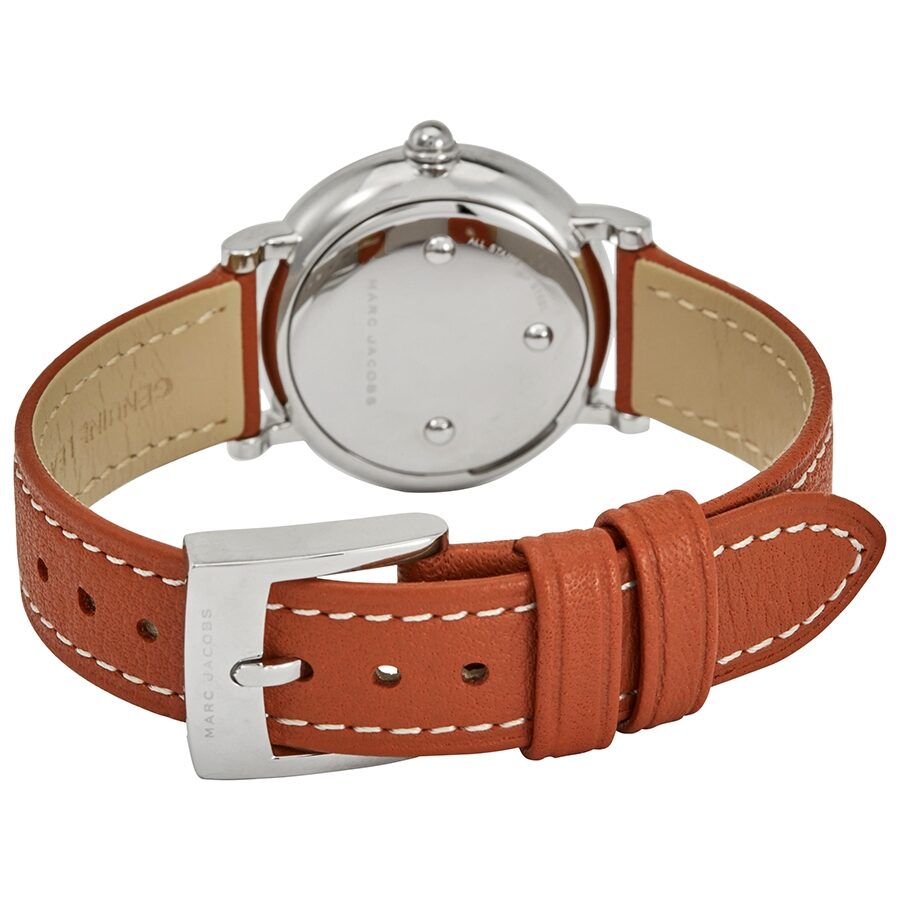 Marc Jacobs Roxy MJ1572 watch caseback and brown leather strap detail