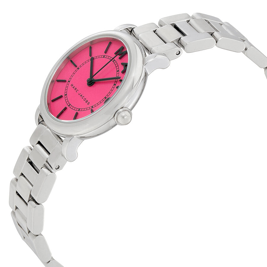 Side angle view of Marc Jacobs Roxy watch with fuchsia dial and silver bracelet